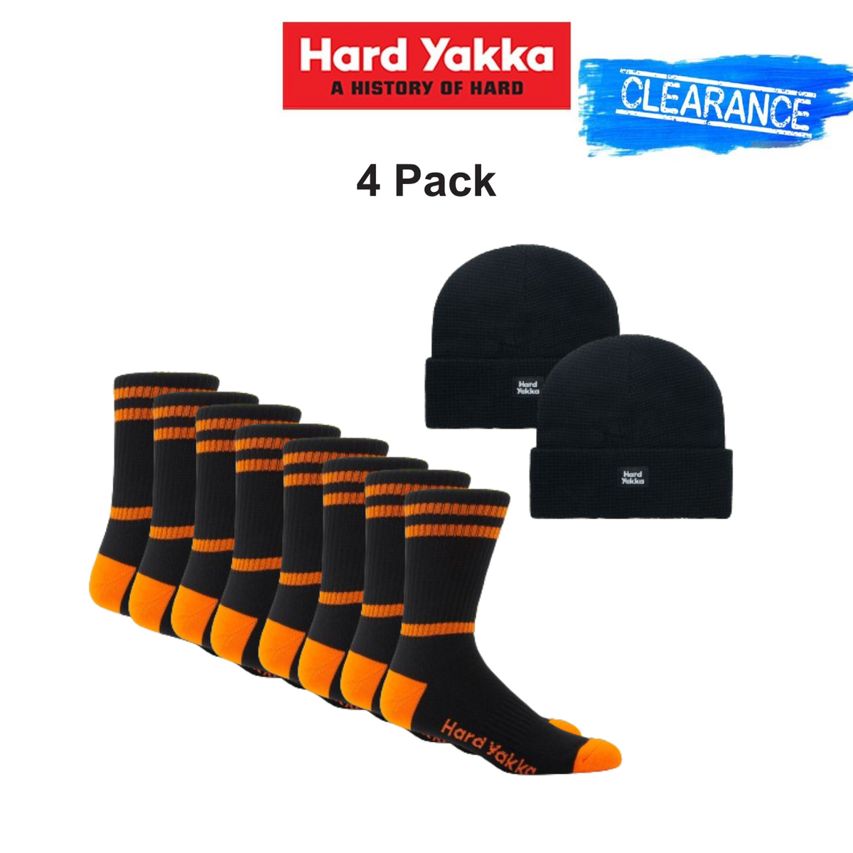 Clearance! Hard Yakka Unisex 4 Pack Crew Sock Free Waffle Knit Beanie Y20110