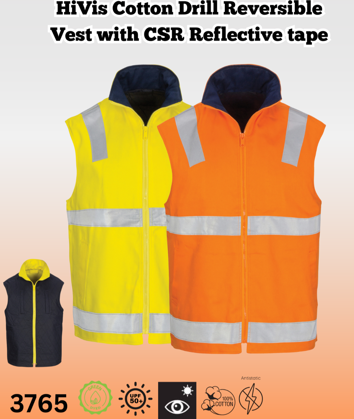 DNC 4PACKS Mens HiVis Cotton Drill Reversible Vest CSR RT Safety Work 3765