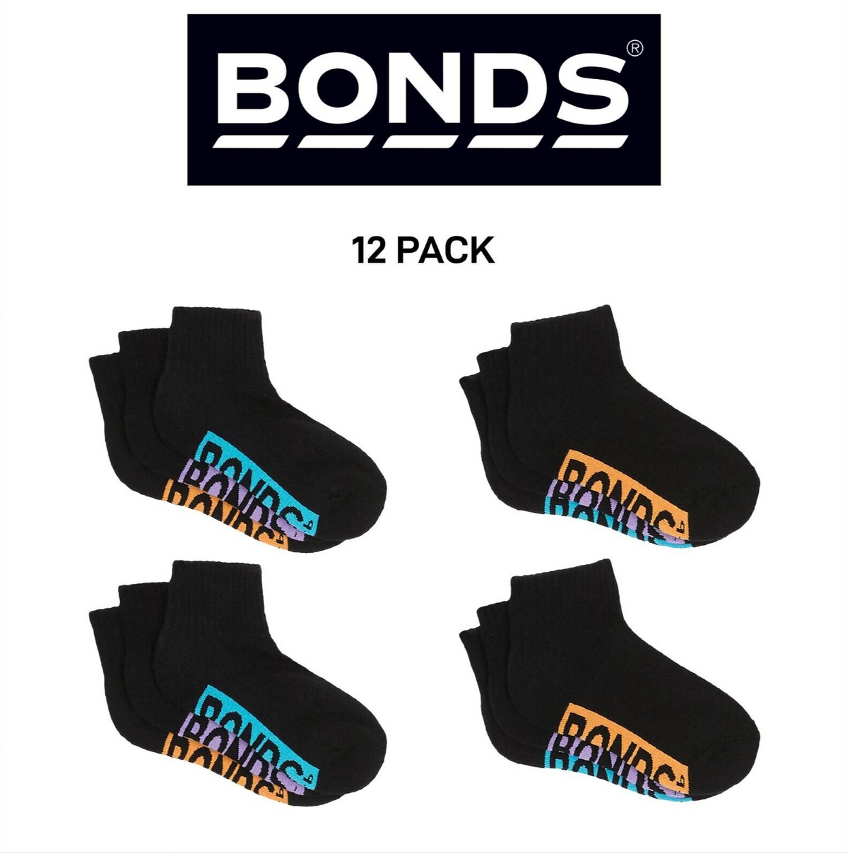 Bonds Kids Cushioned Quarter Crew Socks Comfy Stay Put Grip Soles 12 Pack RXVP3N