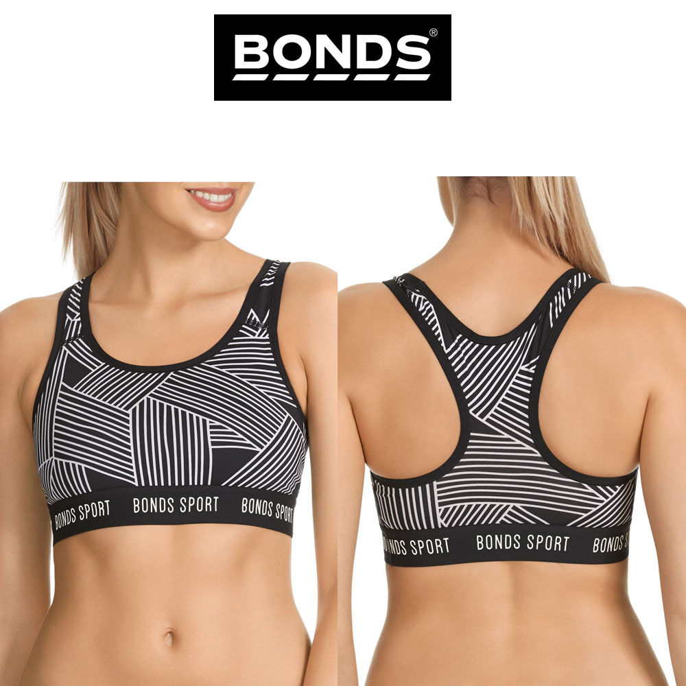 Womens Bonds Active Micro Crop Body Top Running Gym Yoga Geometric Black White