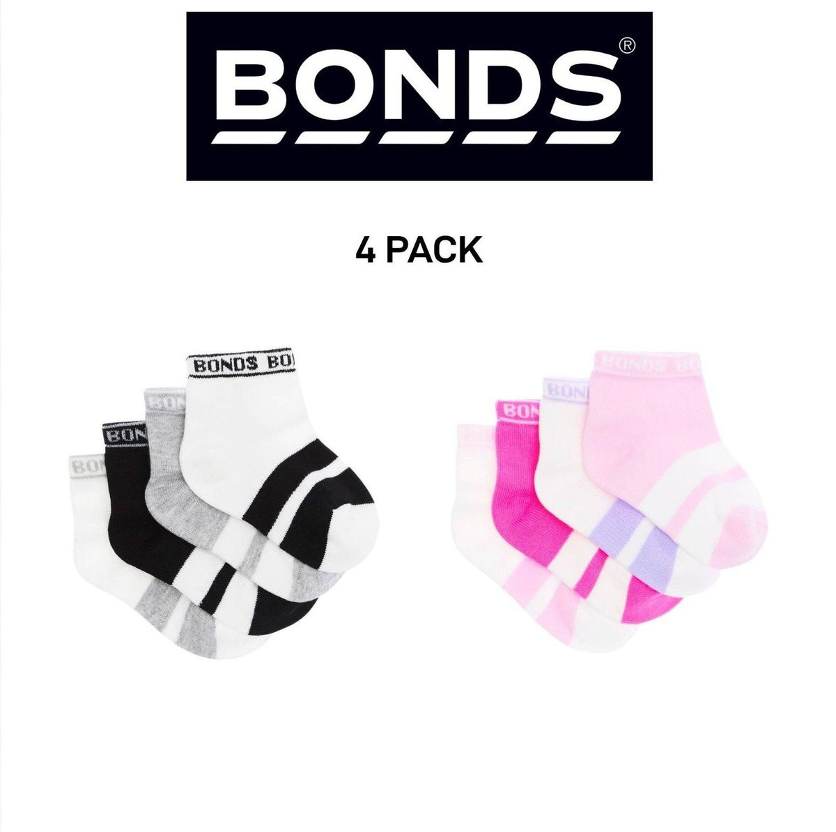 Bonds Baby Sportlet Arch Support Soft Breathable Comfiness Socks 4 Pack RXXL4N