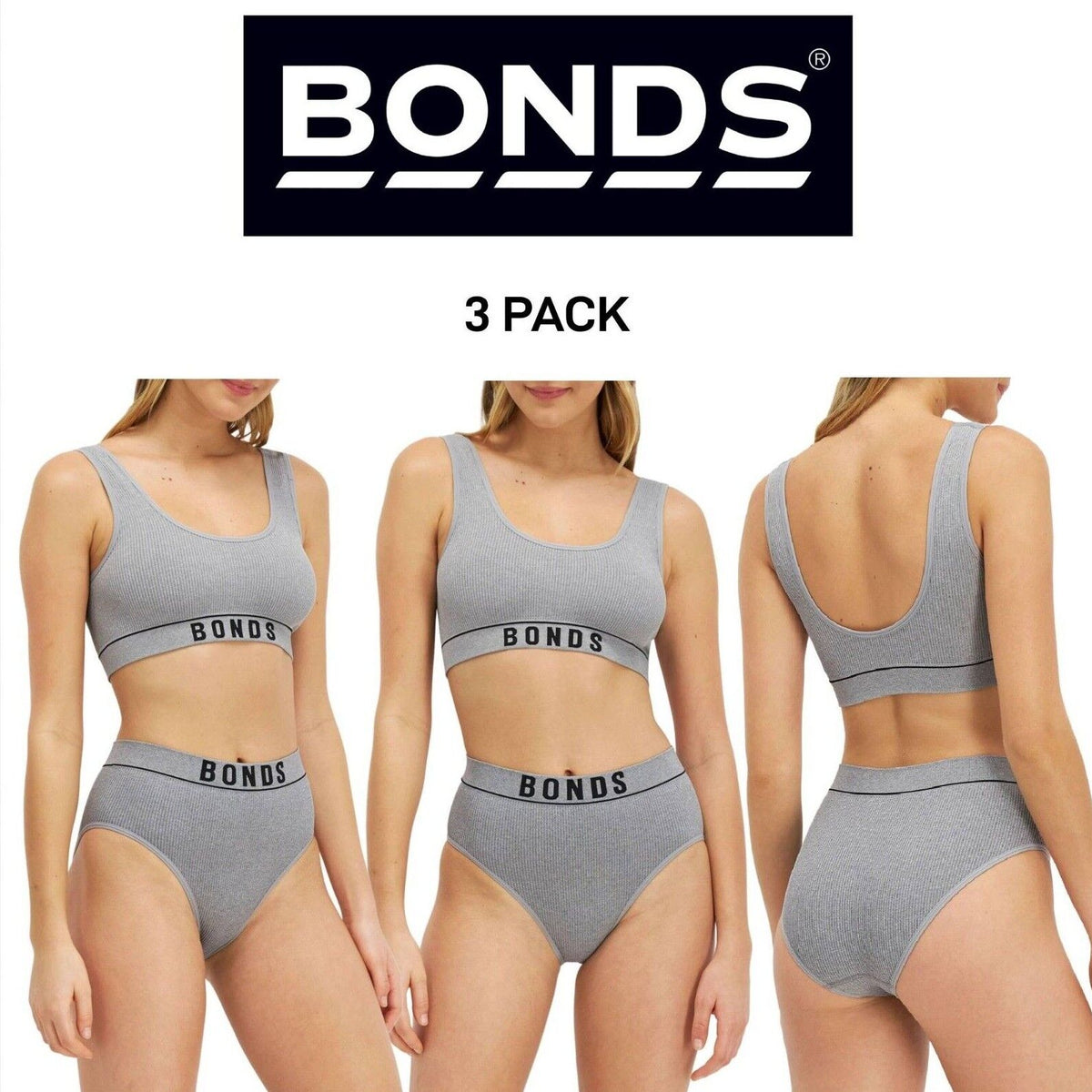 Bonds Womens Retro Rib Seamless Hi Hi Bikini High Waist & High Leg 3 Pack WU8FT