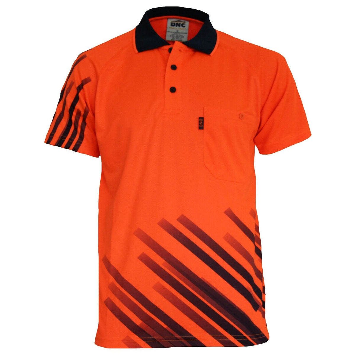 DNC Mens Hivis Sublimated Stripe Workwear Safety Pockets Button Polo 3565