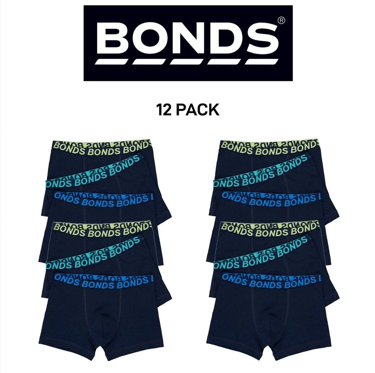 Bonds Boys Trunk Sport Moisture Wicking Cool Dry Comfort Covered 12 Pack UWKN3A
