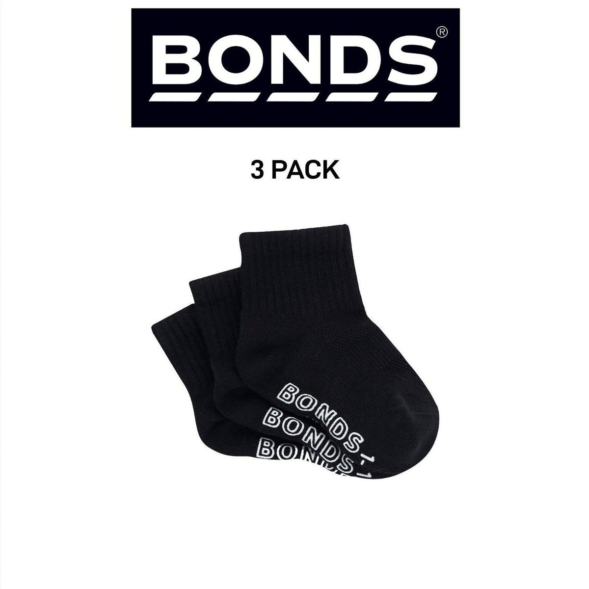 Bonds Baby Lightweight Quarter Crew Sock Comfy Cotton Grip Soles 3 Pack RXU83N