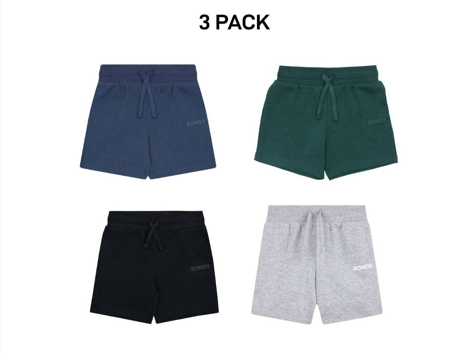 Bonds Kids Tech Sweats Short Lightweight Soft Rib Waistband Sporty 3 Pack KVQPK