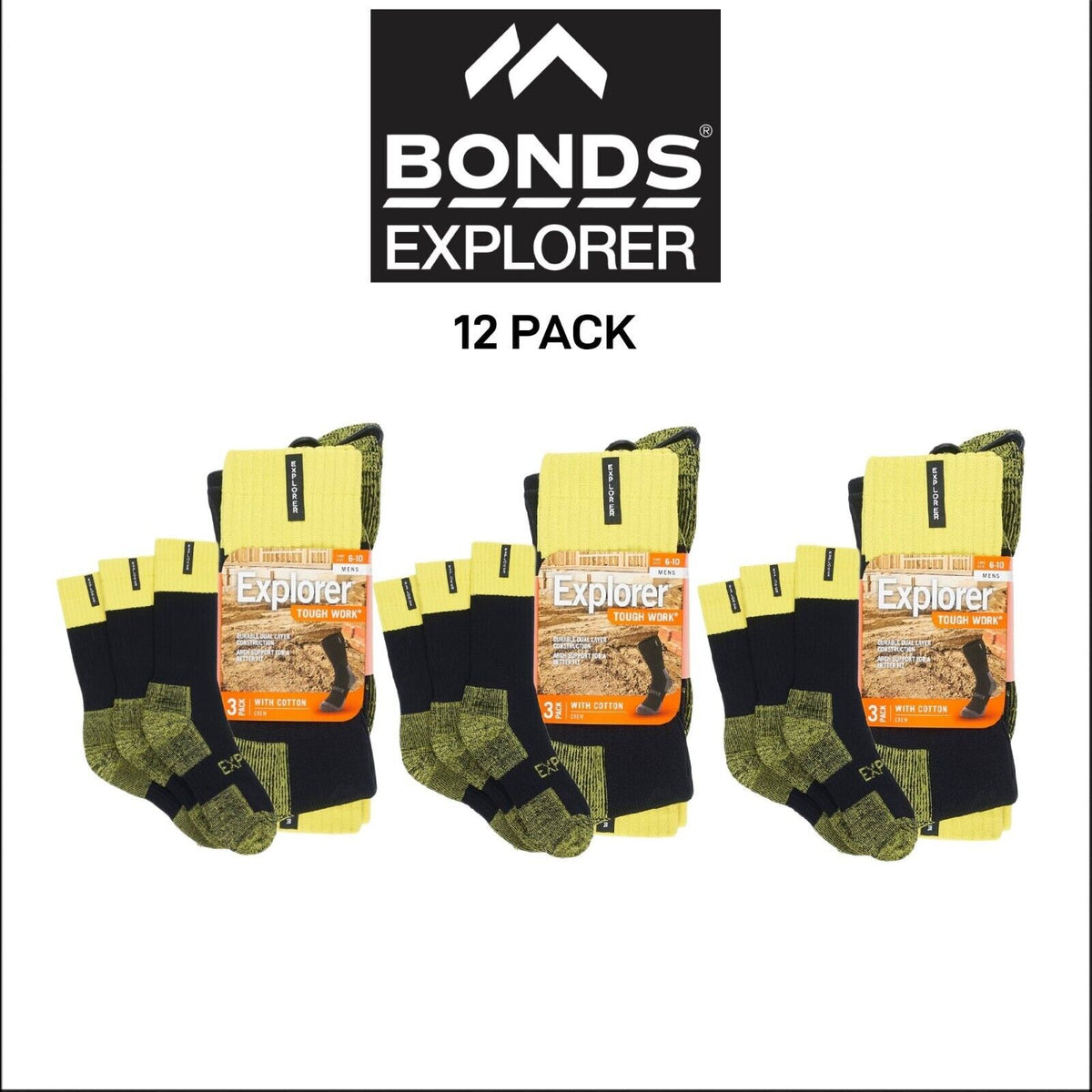 Bonds Mens Explorer Tough Work Crew Comfortable Soft Cotton Sock 12 Pack SYNH3N