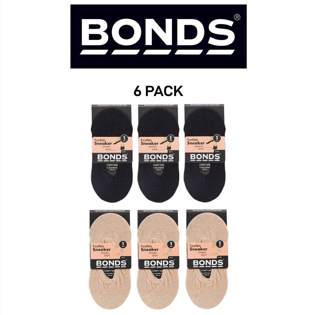 Bonds Womens No Show Footlets Cotton Rich Stocking Socks Seamless 6 Pack L7344W