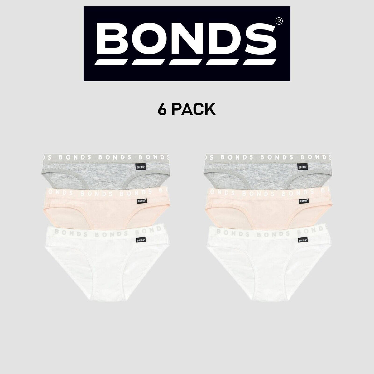 Bonds Girls Hipster Bikini Plain Comfortable Cotton Fabric 6 Pack UWPR3A