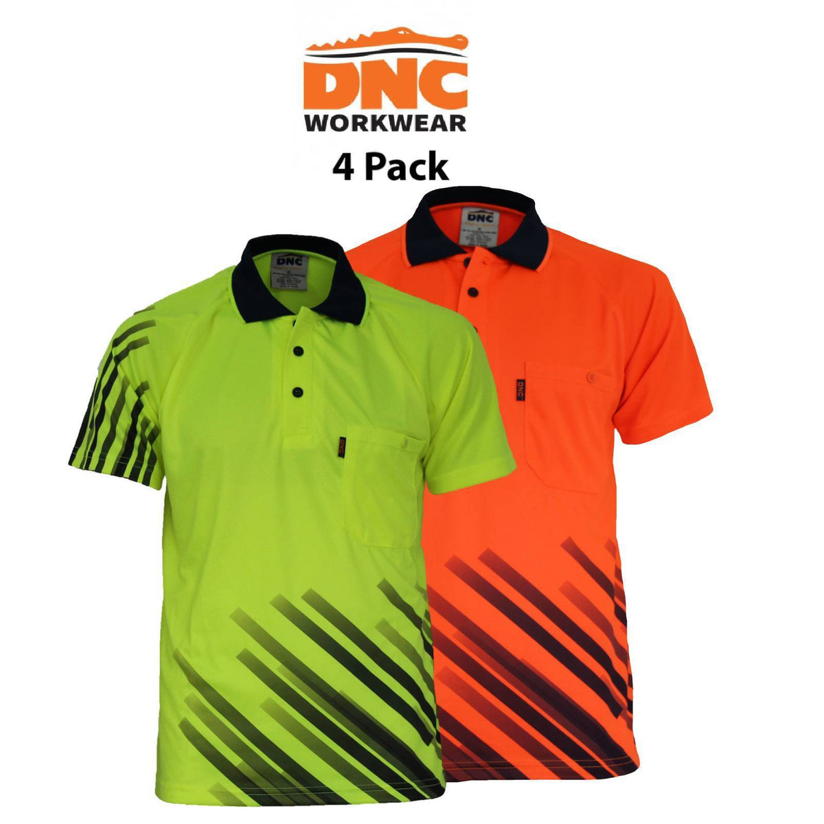 DNC Mens 4 Pack Hivis Sublimated Stripe Workwear Safety Pockets Button Polo 3565