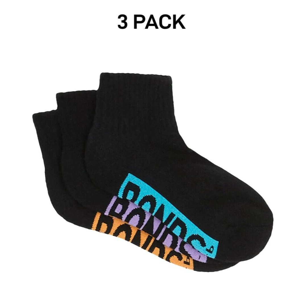 Bonds Kids Cushioned Quarter Crew Socks Comfy Stay Put Grip Soles 3 Pack RXVP3N