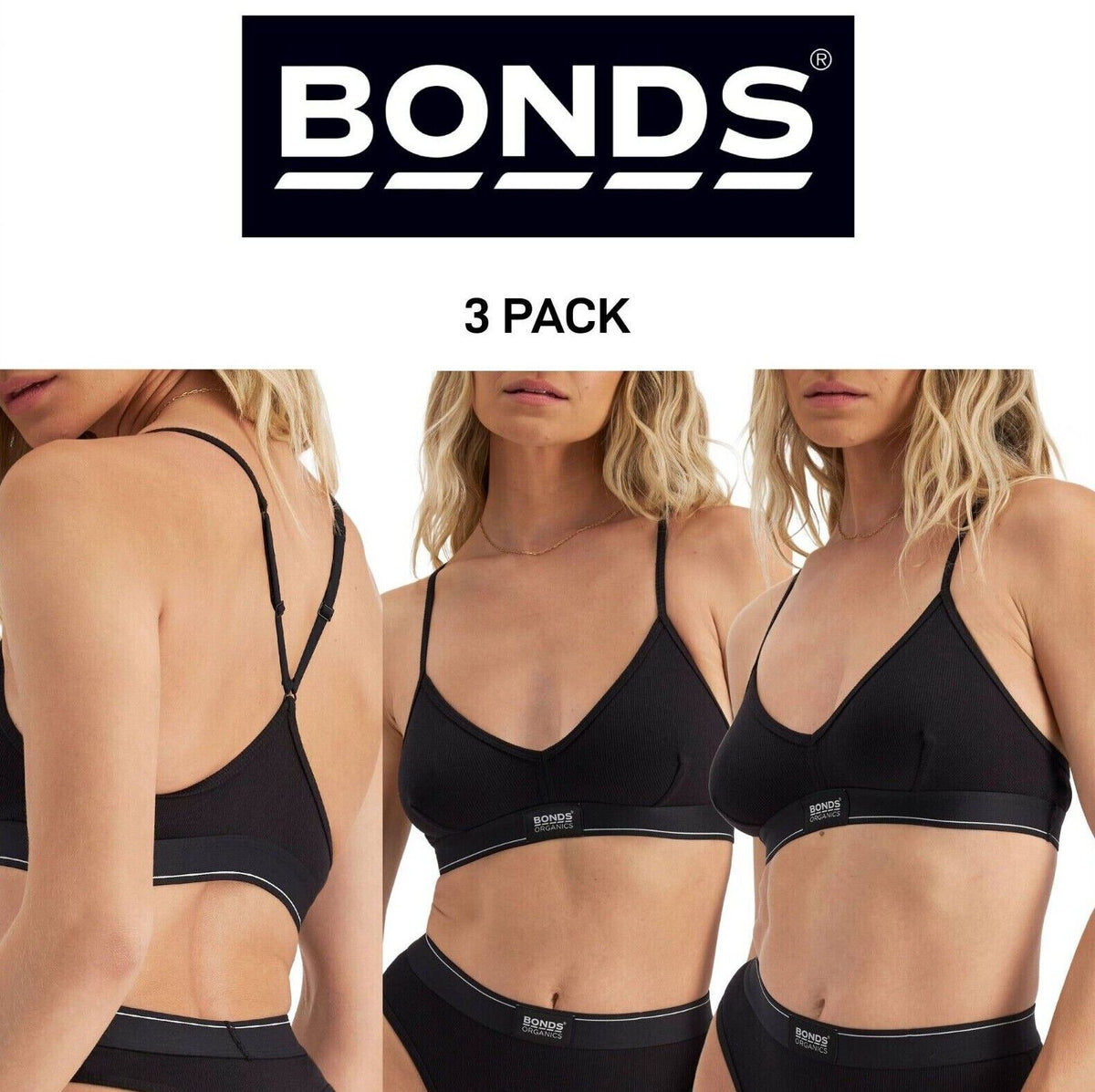Bonds Womens Organics Ribbed Triangle Crop Soft Underbust Elastic 3 Pack WTGD