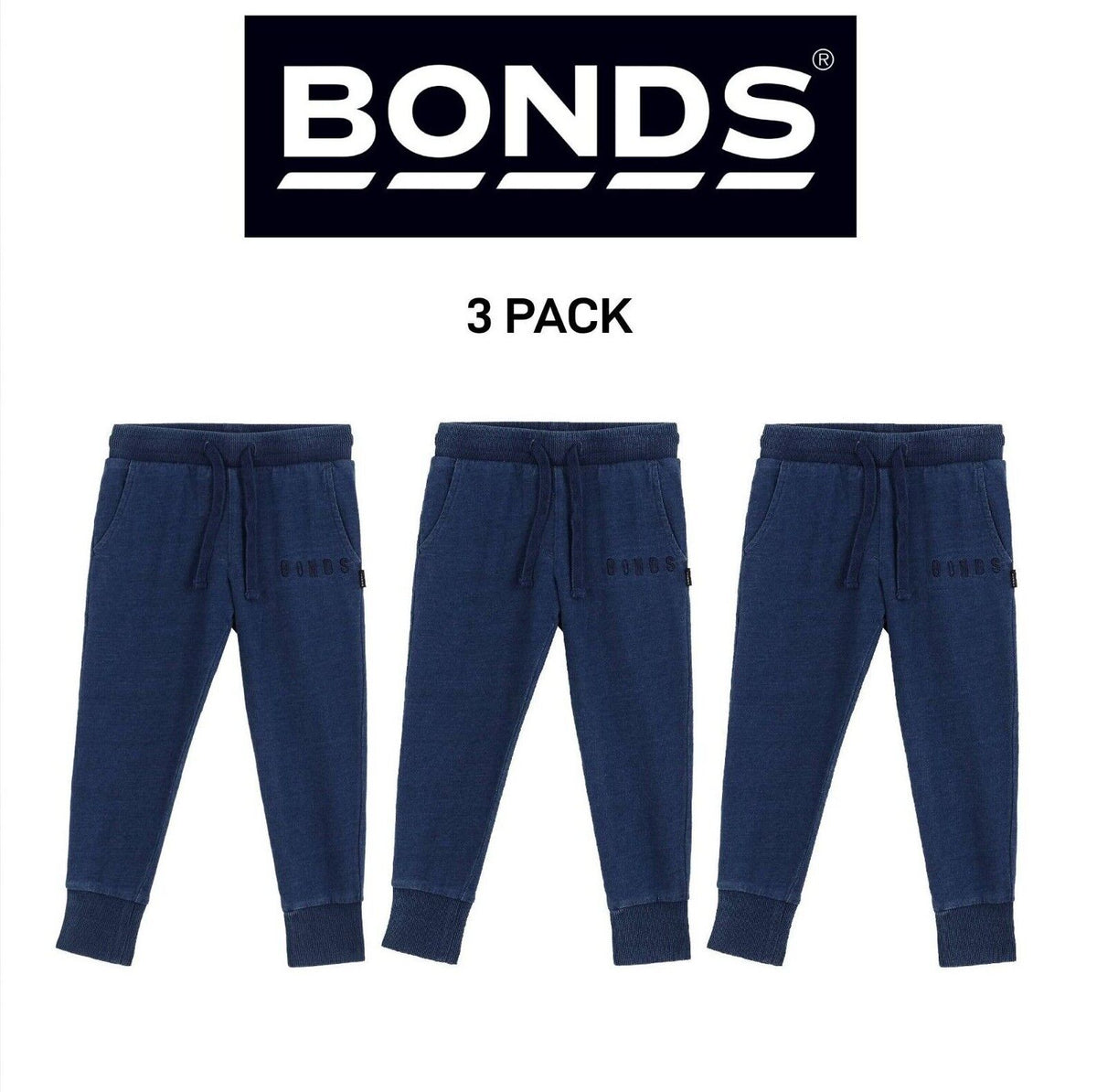 Bonds Kids Denim Trackie Pants Soft Rib Cuff Comfy Stretchy Elastic 3 Pack KX9JK