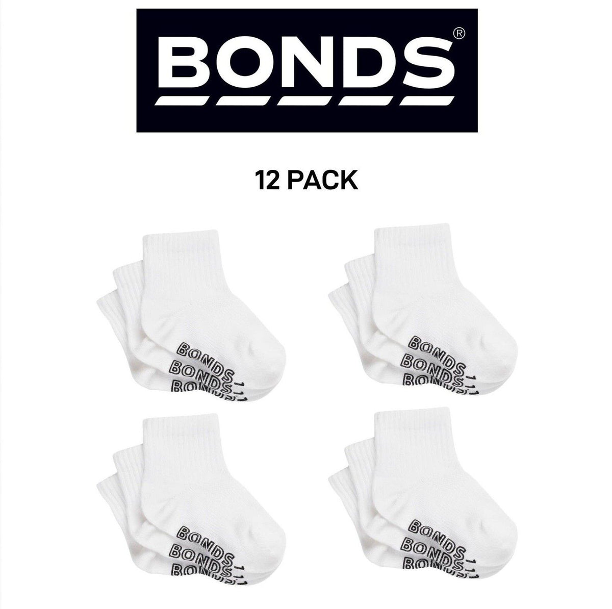 Bonds Baby Lightweight Quarter Crew Sock Comfy Cotton Grip Soles 12 Pack RXU83N