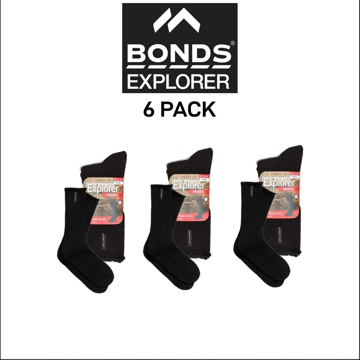 Bonds Explorer Original Comfortable Wool Blend 6 Pack Crew Sock S1139