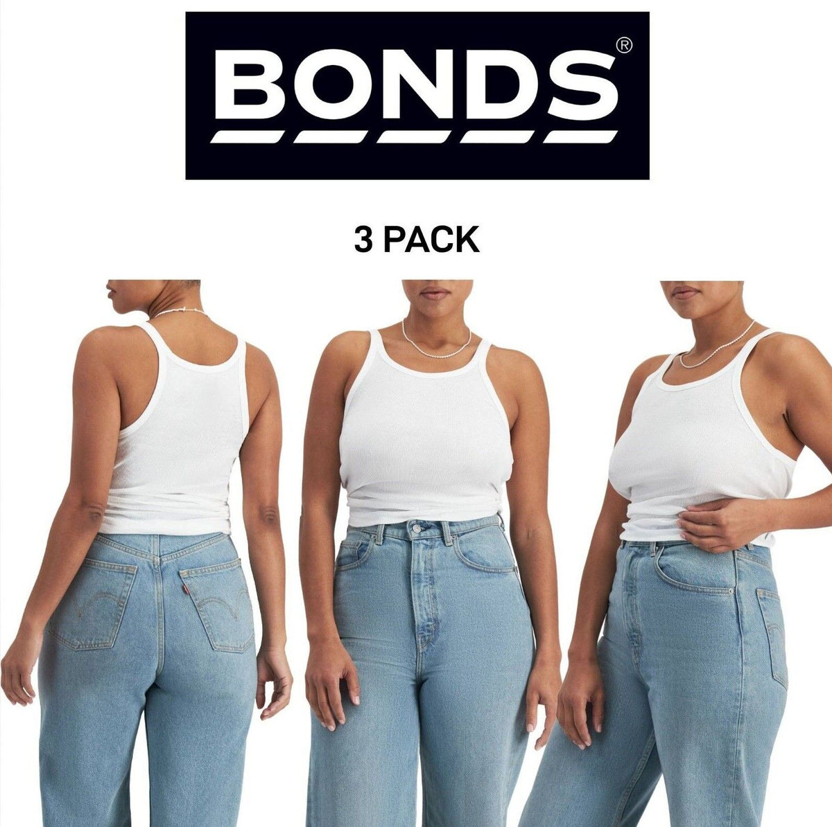 Bonds Womens Organic Chesty Singlet Flat-locked Side Seam Cotton Rib 3 Pack WTHY