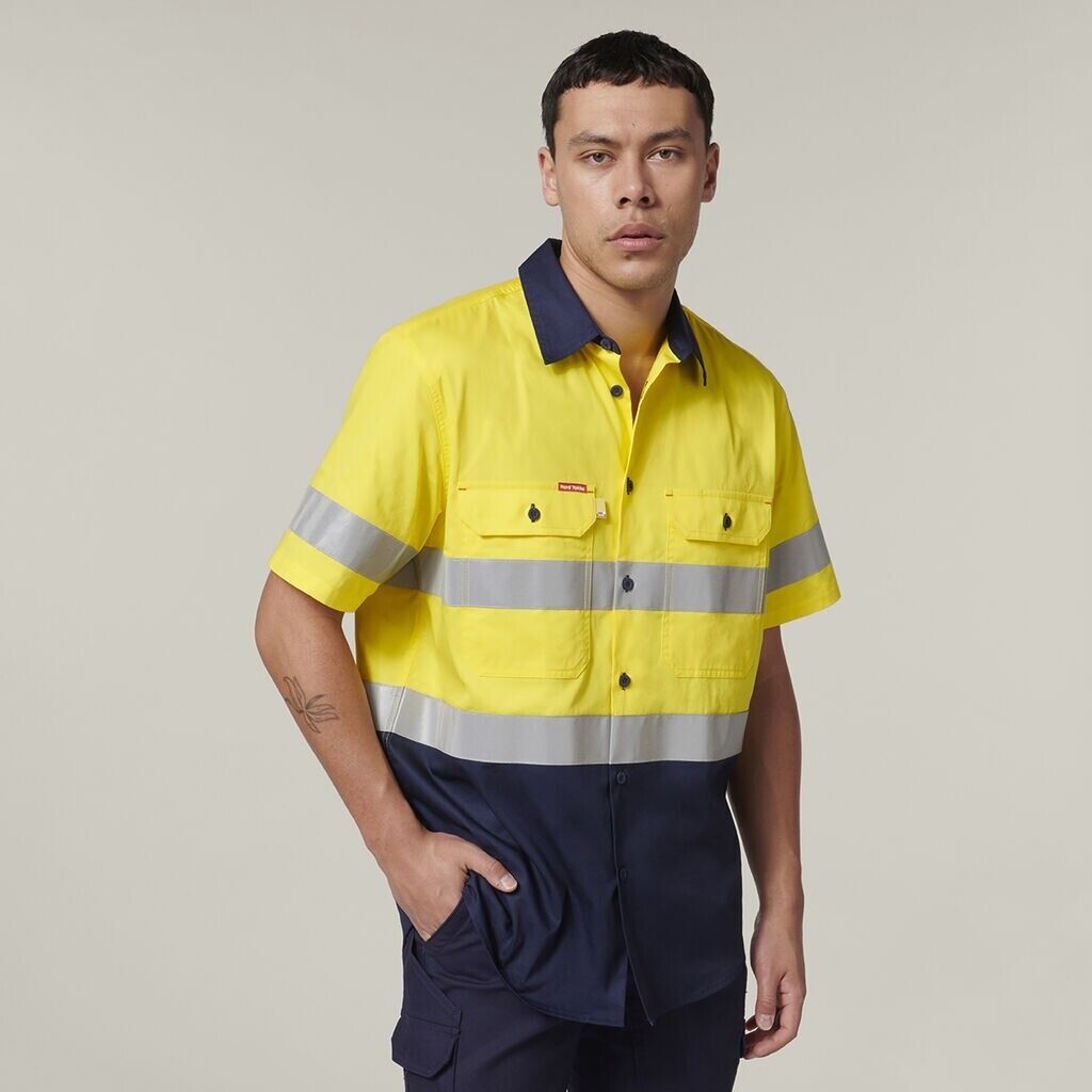 Hard Yakka Mens Short Sleeve HI Vis Reflective 2 Tone Taped Vented Shirt Y07754-Collins Clothing Co