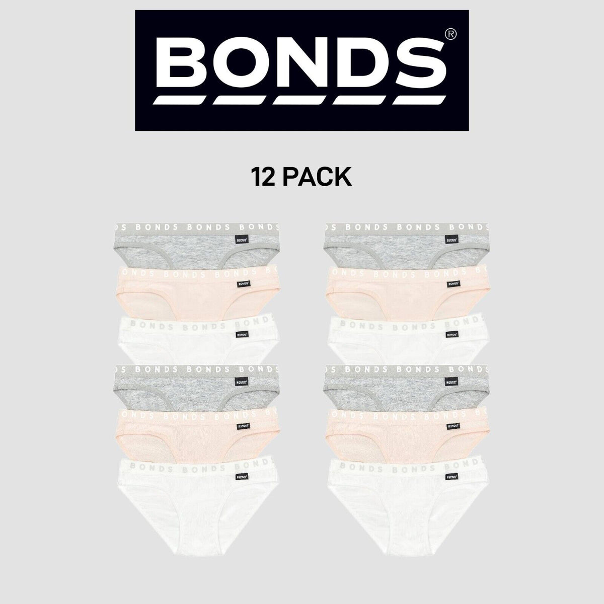 Bonds Girls Hipster Bikini Plain Comfortable Cotton Fabric 12 Pack UWPR3A