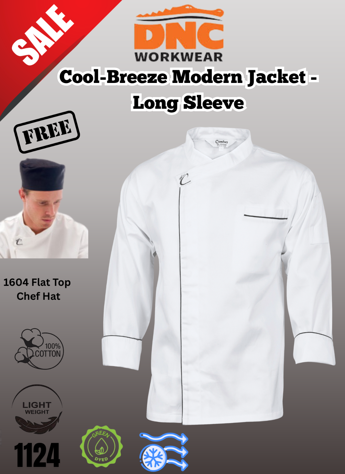 DNC Unisex Cool Breeze Modern Jacket Long Sleeve FREE Flat top chef hat 112