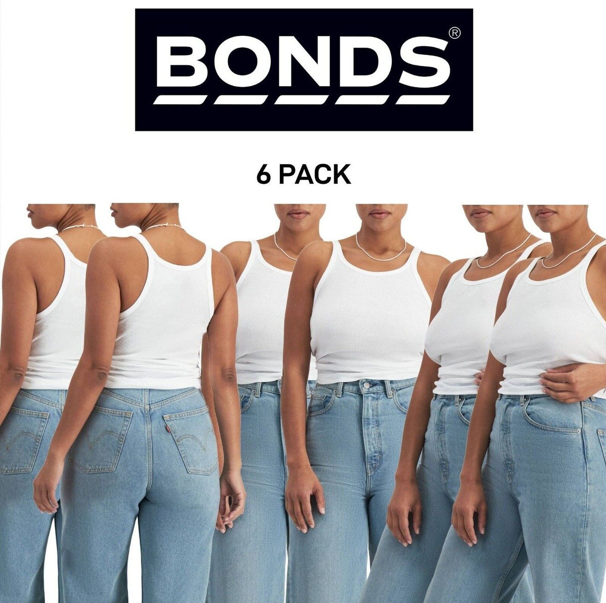 Bonds Womens Organic Chesty Singlet Flat-locked Side Seam Cotton Rib 6 Pack WTHY