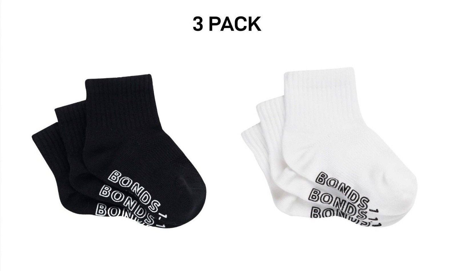 Bonds Baby Lightweight Quarter Crew Sock Comfy Cotton Grip Soles 3 Pack RXU83N