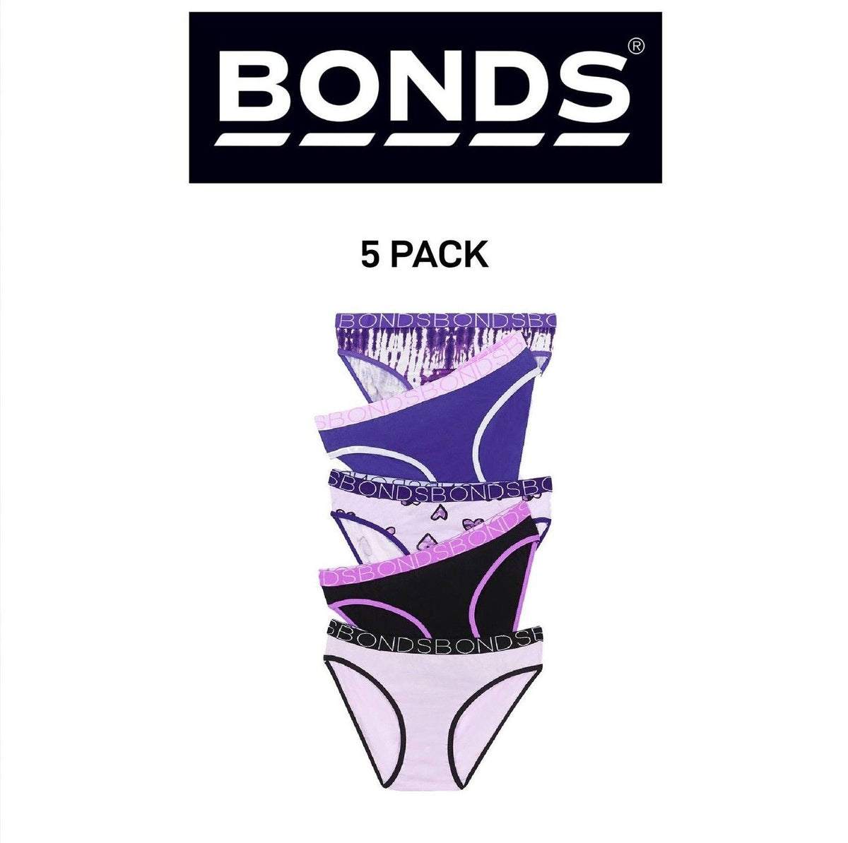 Bonds Girls Bikini Soft and Stretchy Fit Perfect Everyday Coverage 5 Pack UWNV5A