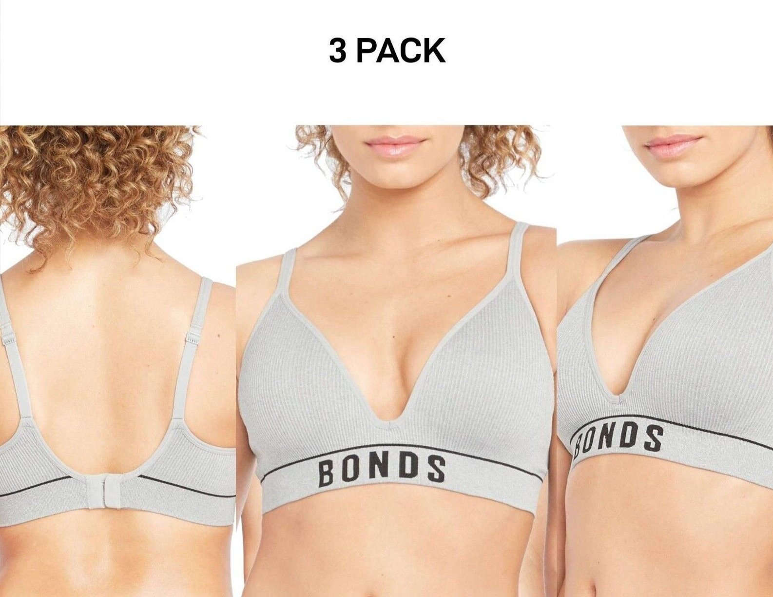 Bonds Womens Retro Rib Seamless Wirefree Tee Bra Contoured Shape 3 Pack WU8EW