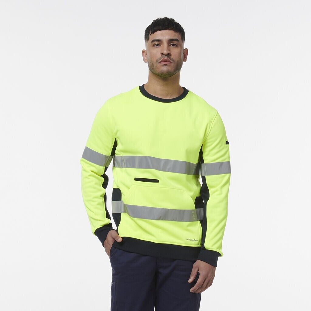 KingGee Mens Hi Vis Reflective Safety Spliced Work Crew Neck Fleece K55058-Collins Clothing Co