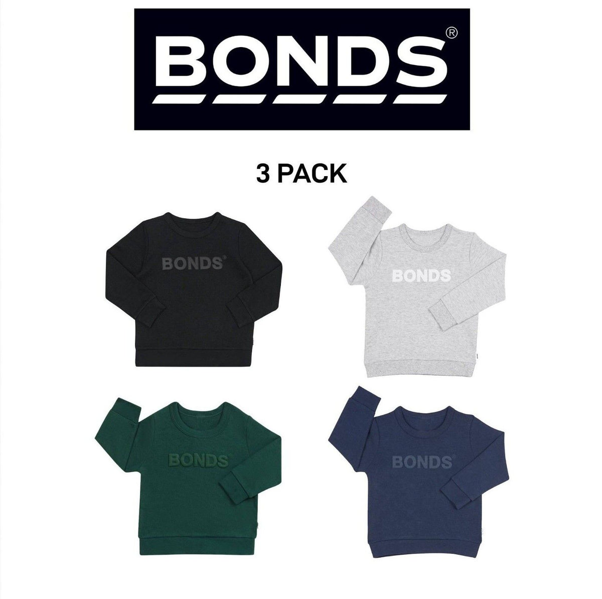 Bonds Baby Tech Sweats Pullover Ultimate Warm Comfort Sporty Style 3 Pack KVQTA