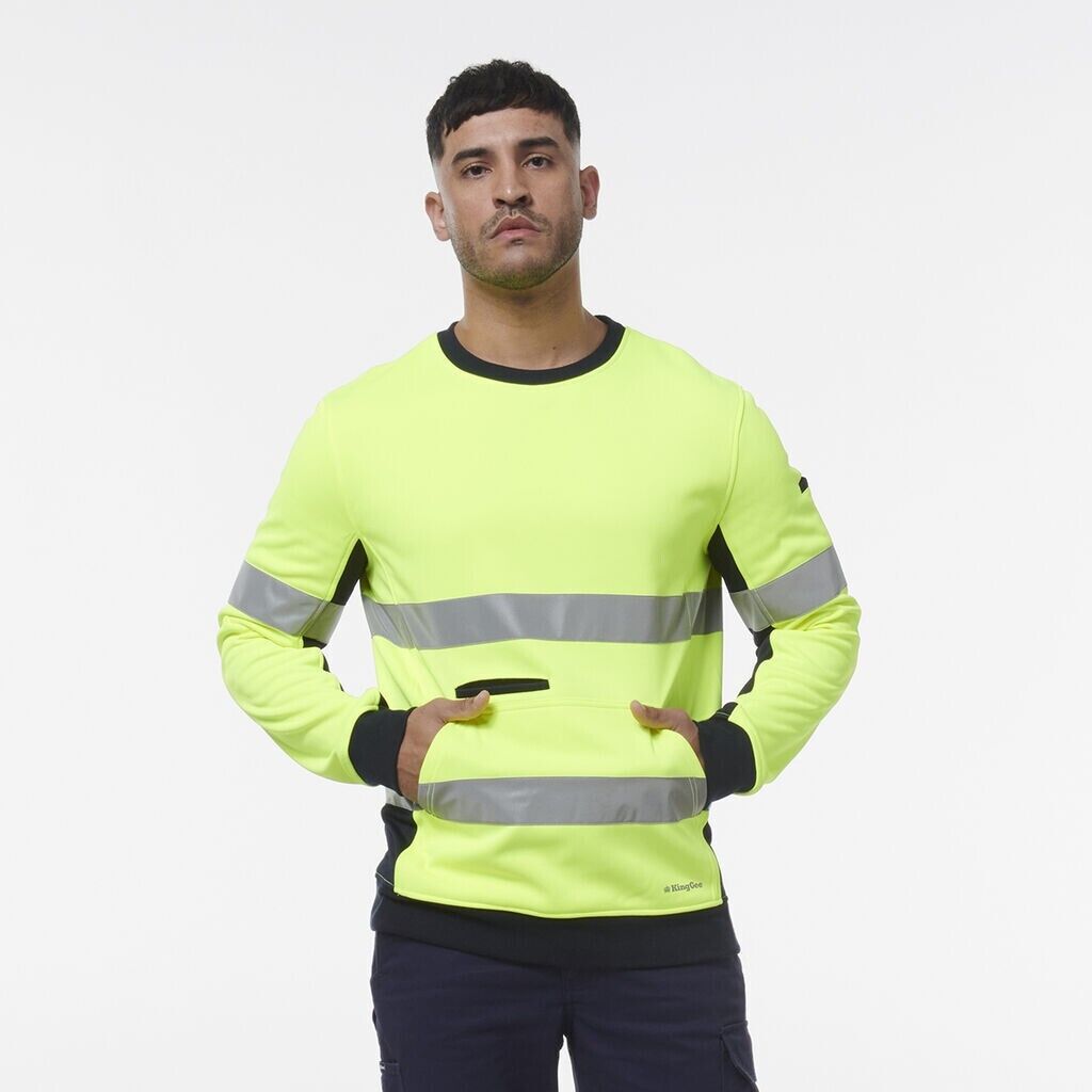 KingGee Mens Hi Vis Reflective Safety Spliced Work Crew Neck Fleece K55058-Collins Clothing Co