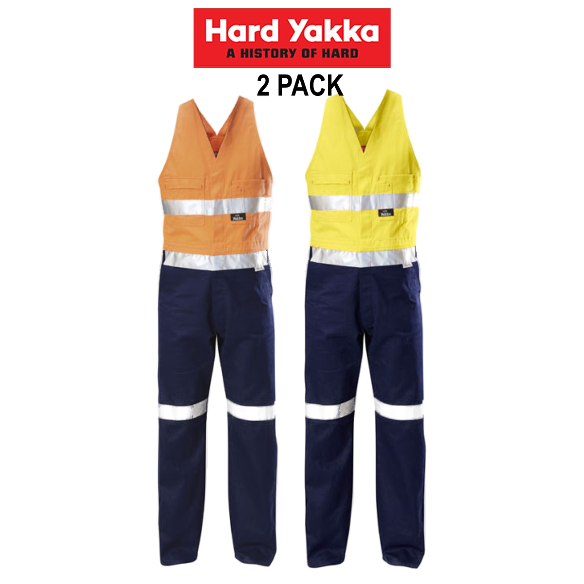  Hard Yakka 2 Pack Hi-Vis 2 Tone Cotton Drill Action Overalls Work Taped Y01055