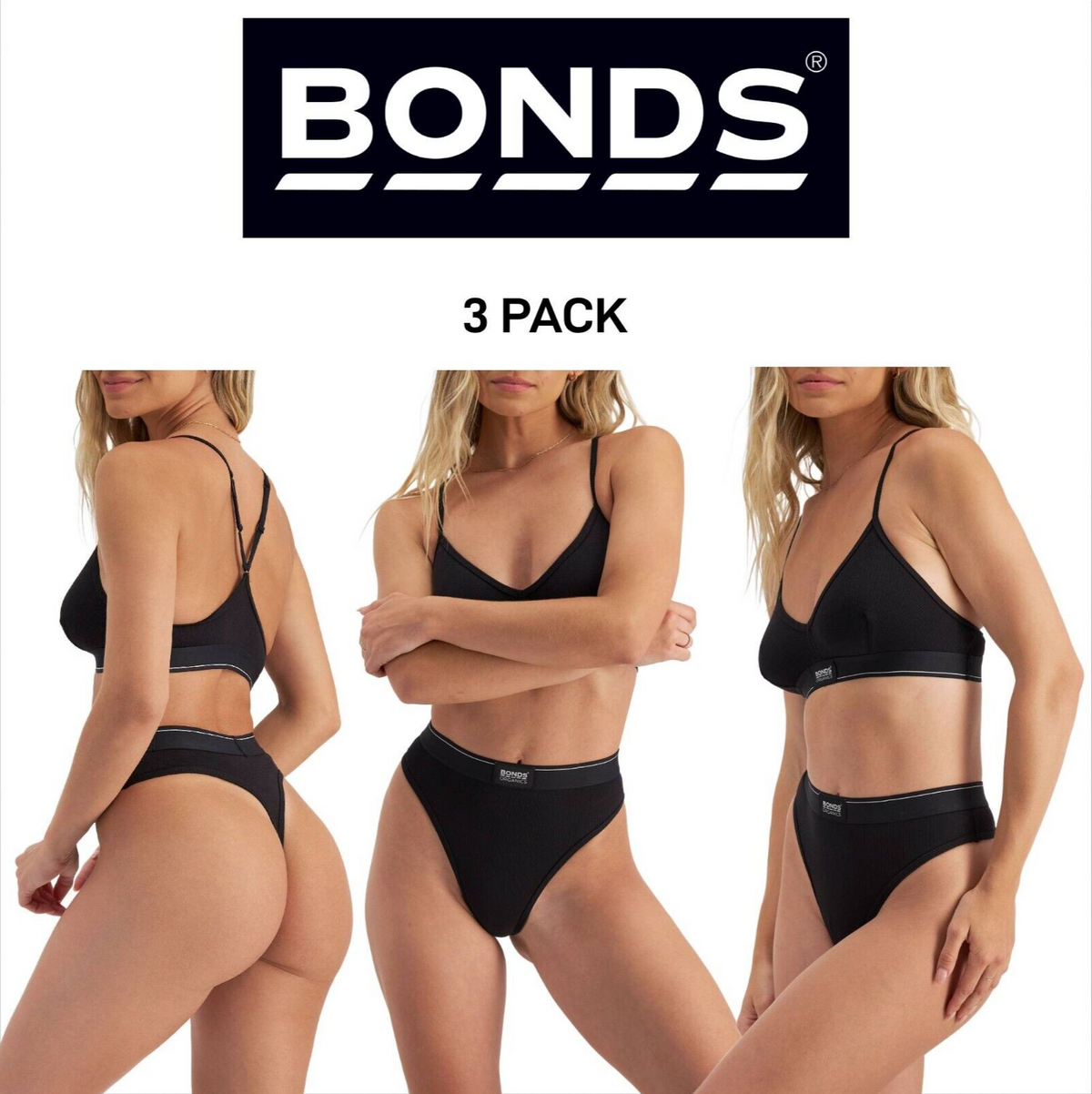 Bonds Womens Organics Ribbed Hi Gee Soft Elastic G-String Undies 3 Pack WTHF