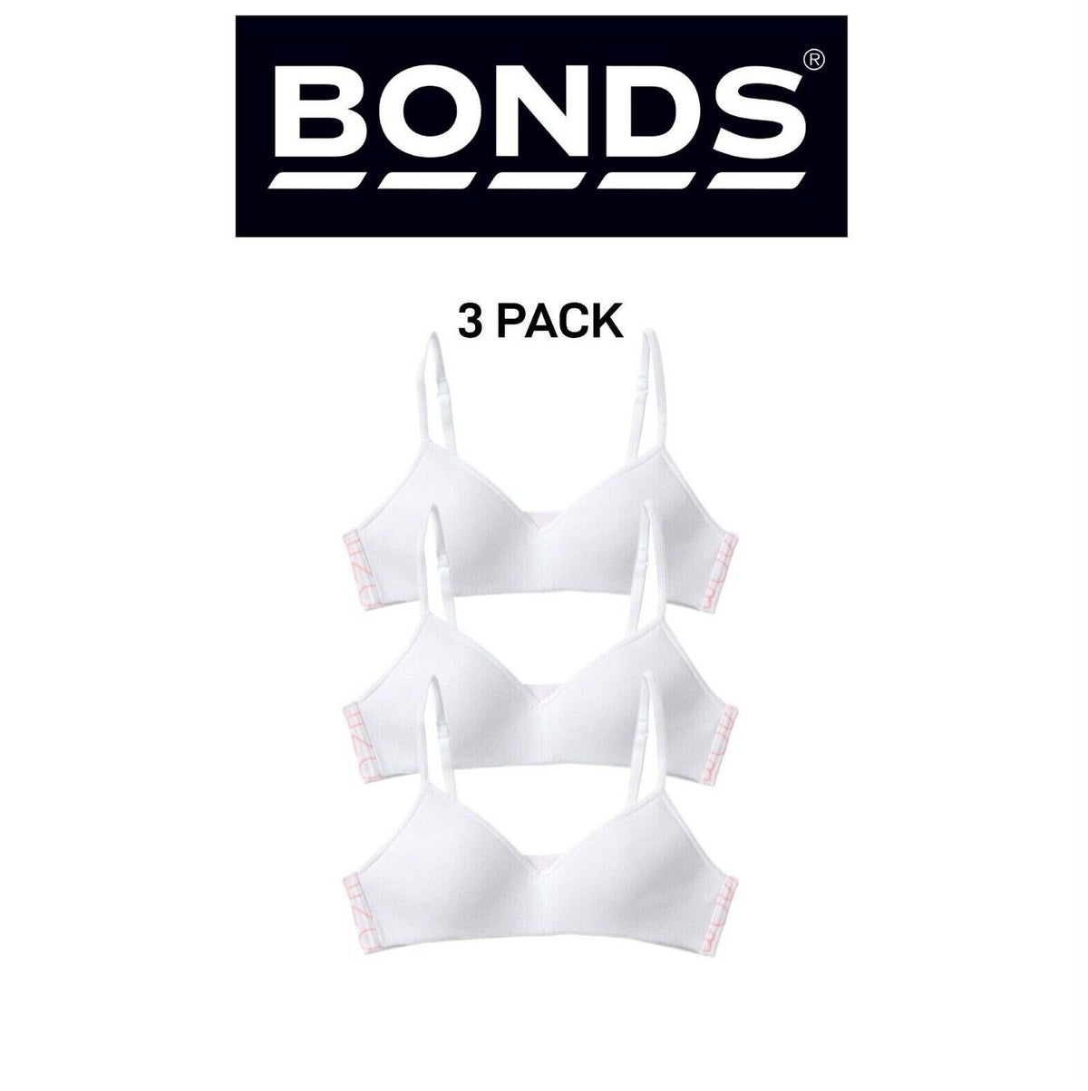 Bonds Girls Stretchies Contour Crop Extendable Elastic Straps Bra 3 Pack UZR31A