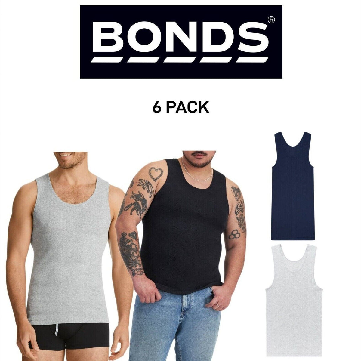 Bonds Mens Chesty Cotton Singlets Underwear Singlet Ribbed Cotton 6 Pack M757P