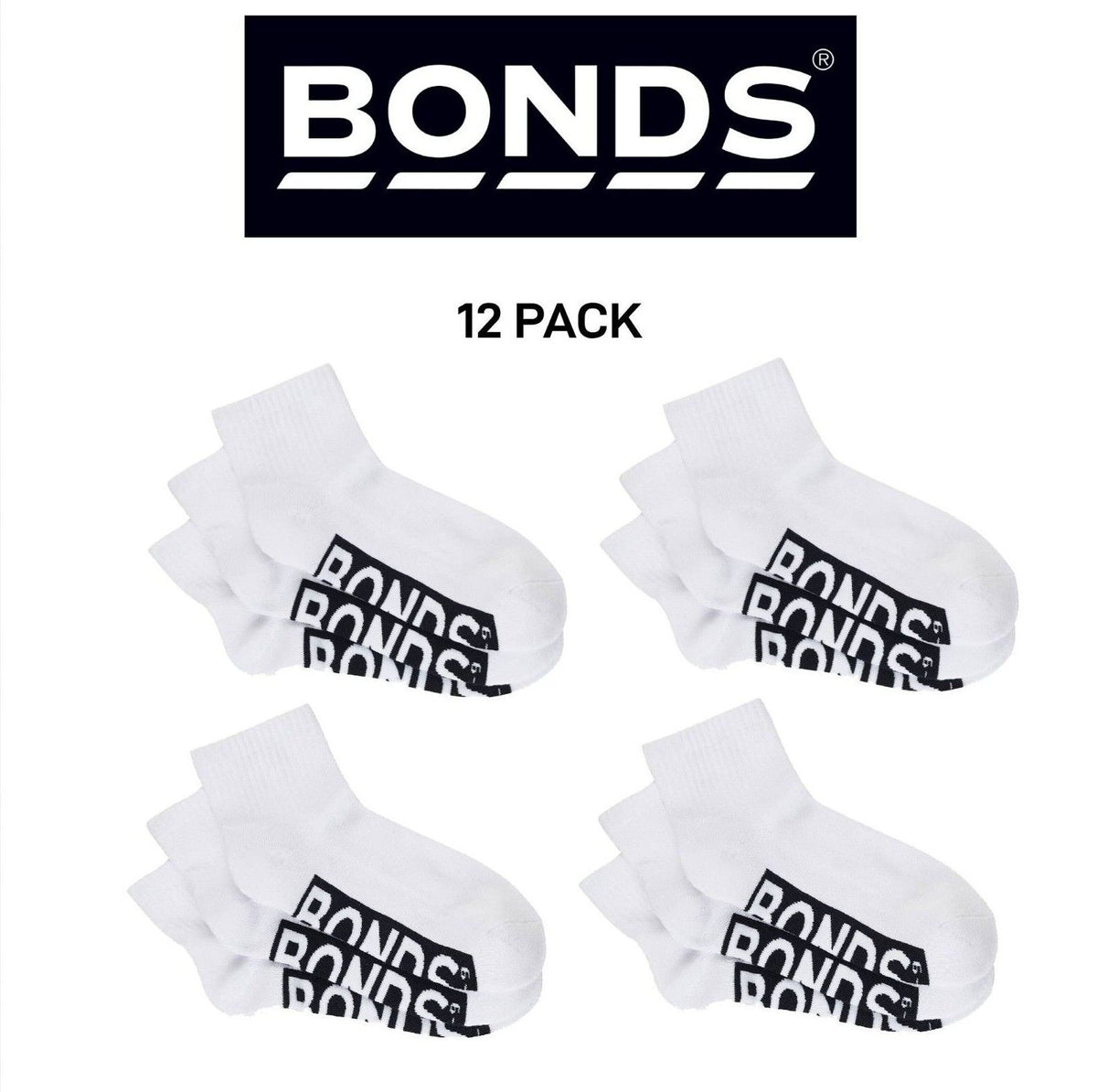 Bonds Mens Logo Cushioned Quarter Crew Socks Smooth Toe Seams 12 Pack SXN93N