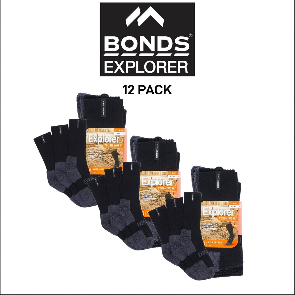 Bonds Mens Explorer Tough Work Crew Comfortable Soft Cotton Sock 12 Pack SYNH3N