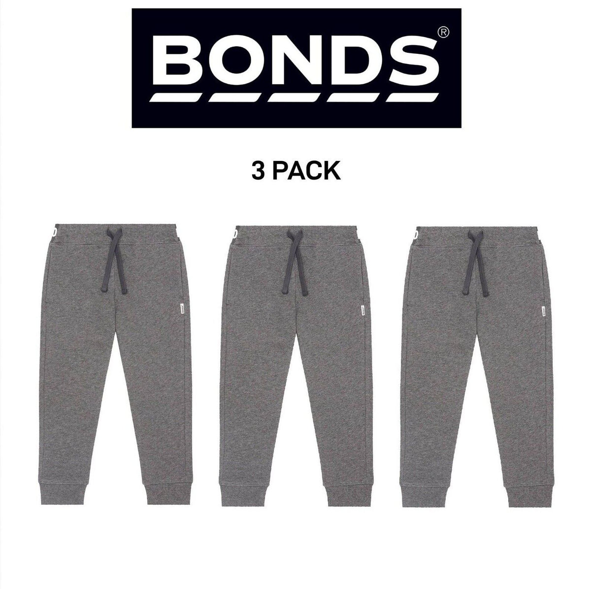 Bonds Kids Fleece Trackie Pants Drop Crotch Styling & Tapered Legs 3 Pack KVRJK