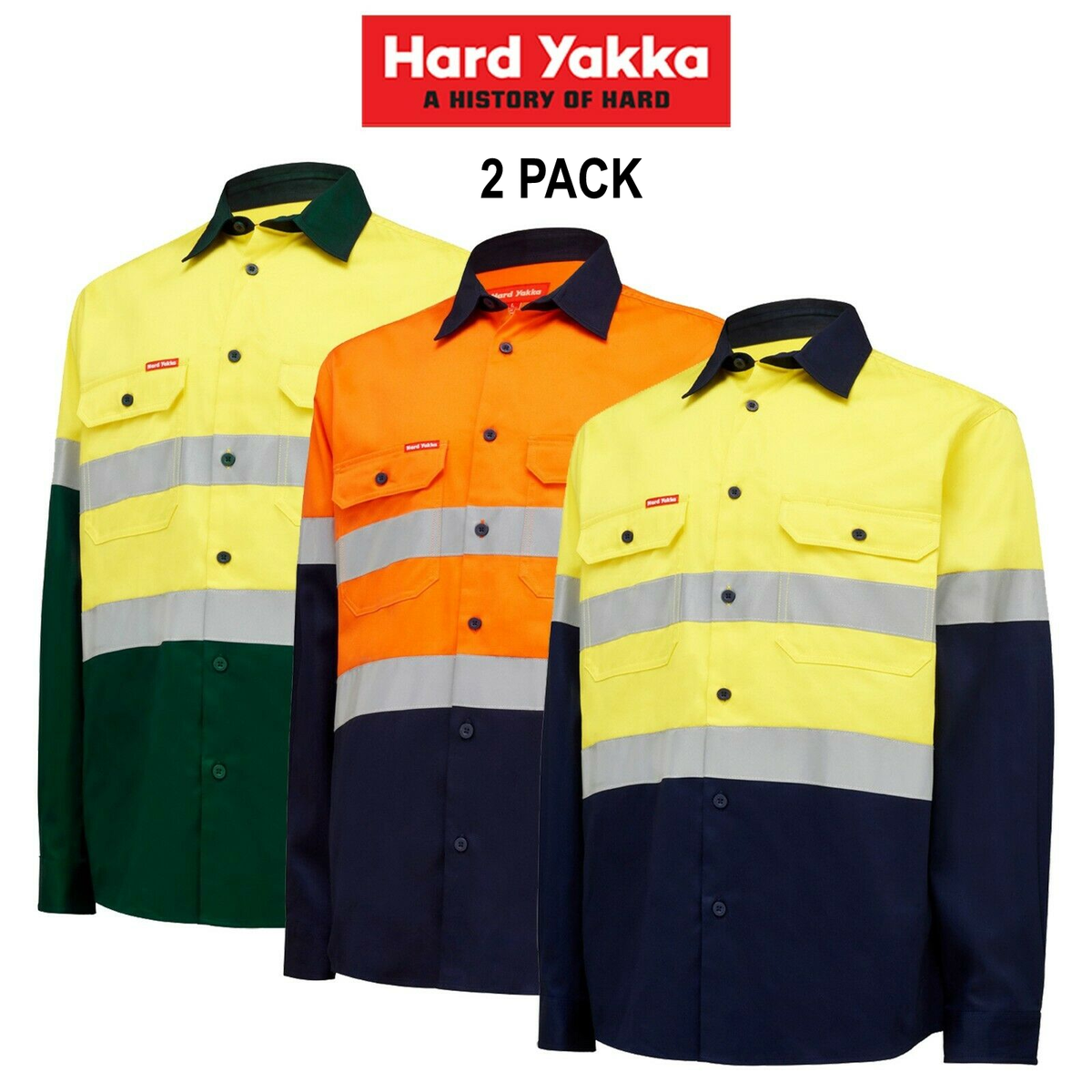 Hard Yakka 2 Pack Hi-Vis Safety Cotton Drill Pocket Taped Work Shirt Y04610