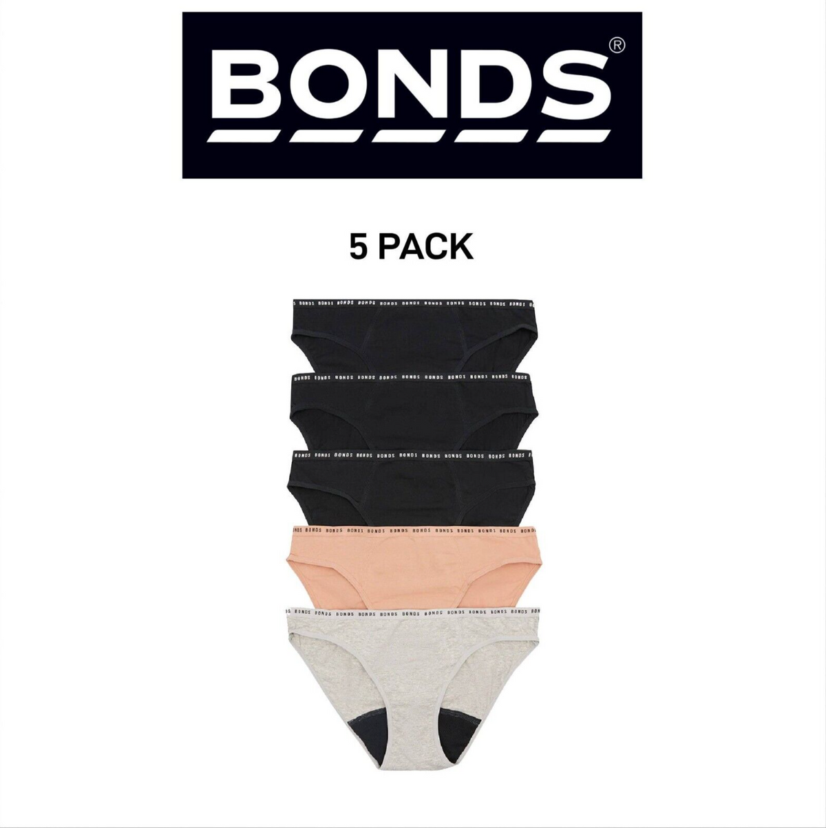 Bonds Womens Blody Comfy Period Bikini Moderate Odour Free Undies 5 Pack WR4DA