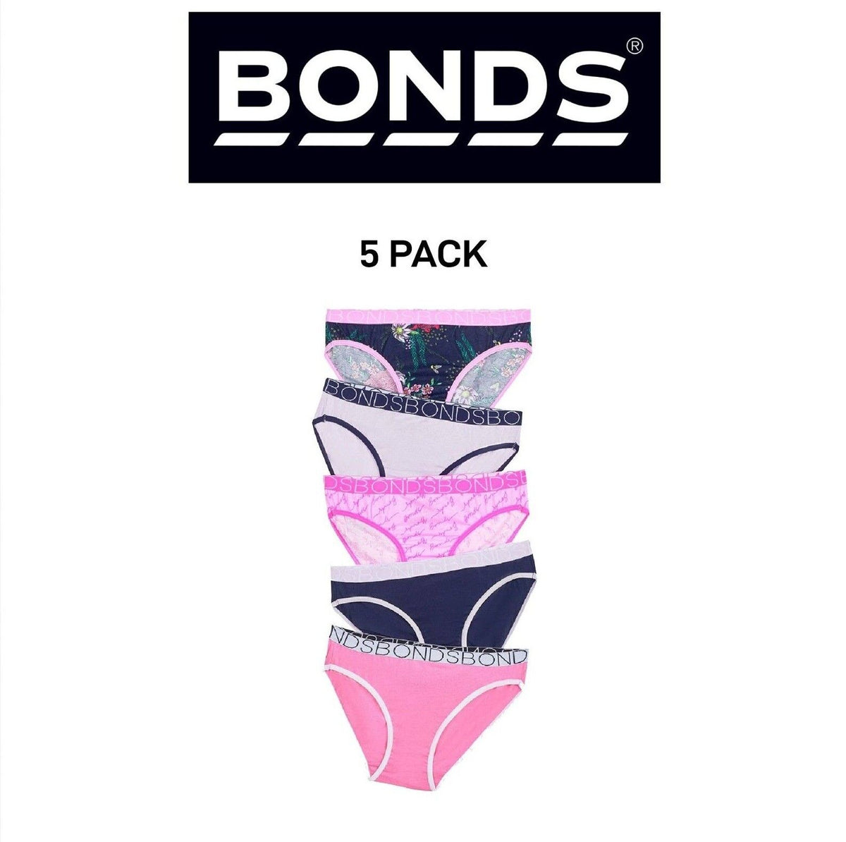 Bonds Girls Bikini Soft and Stretchy Fit Perfect Everyday Coverage 5 Pack UWNV5A