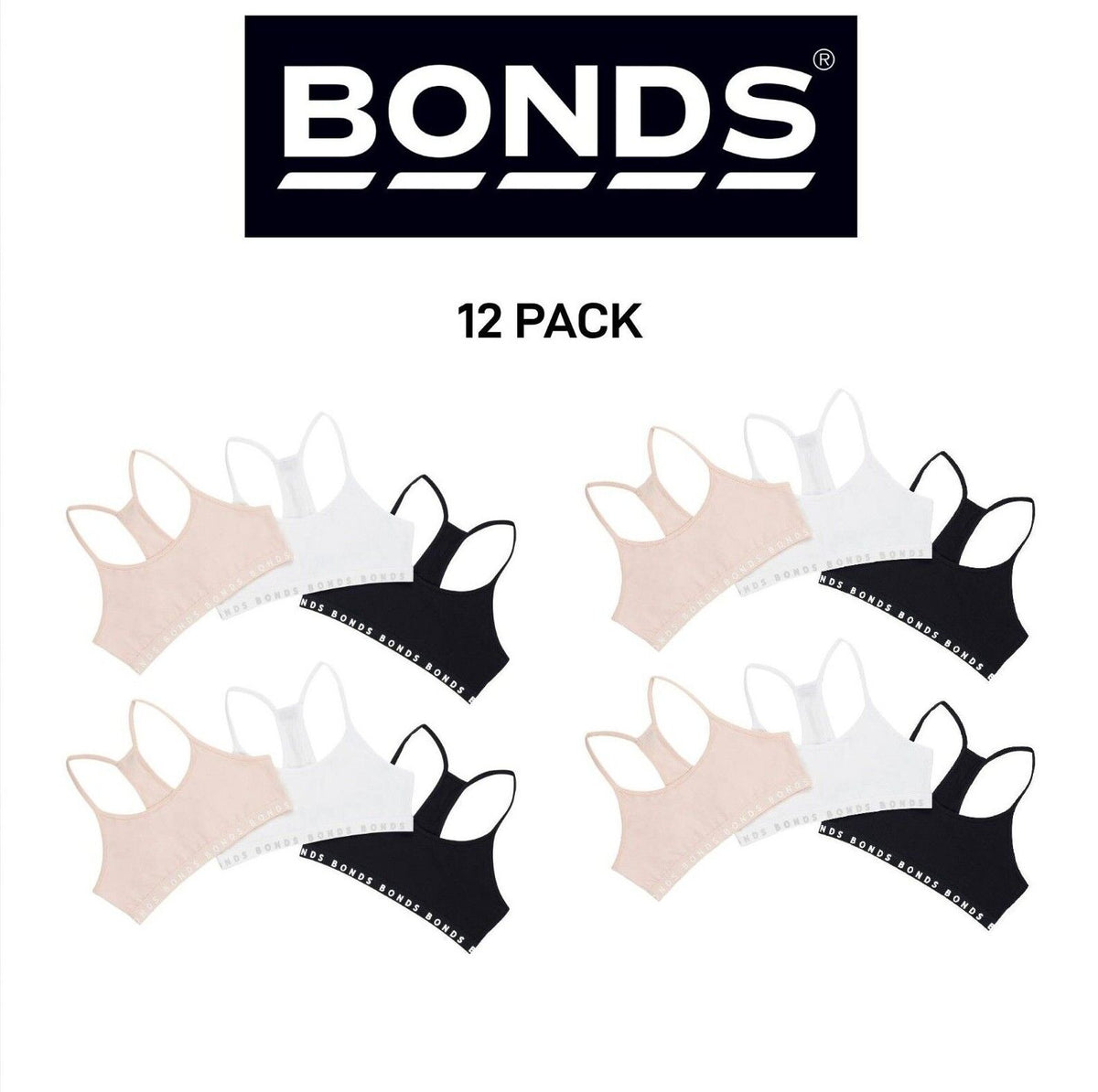 Bonds Girl Hipster Racer Crop Non-Slip Strap Racerback Shape Bra 12 Pack UWPT3A