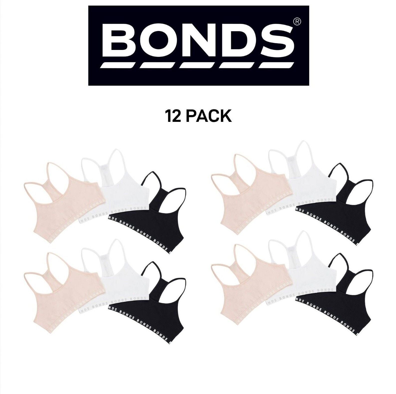 Bonds Girl Hipster Racer Crop Non-Slip Strap Racerback Shape Bra 12 Pack UWPT3A