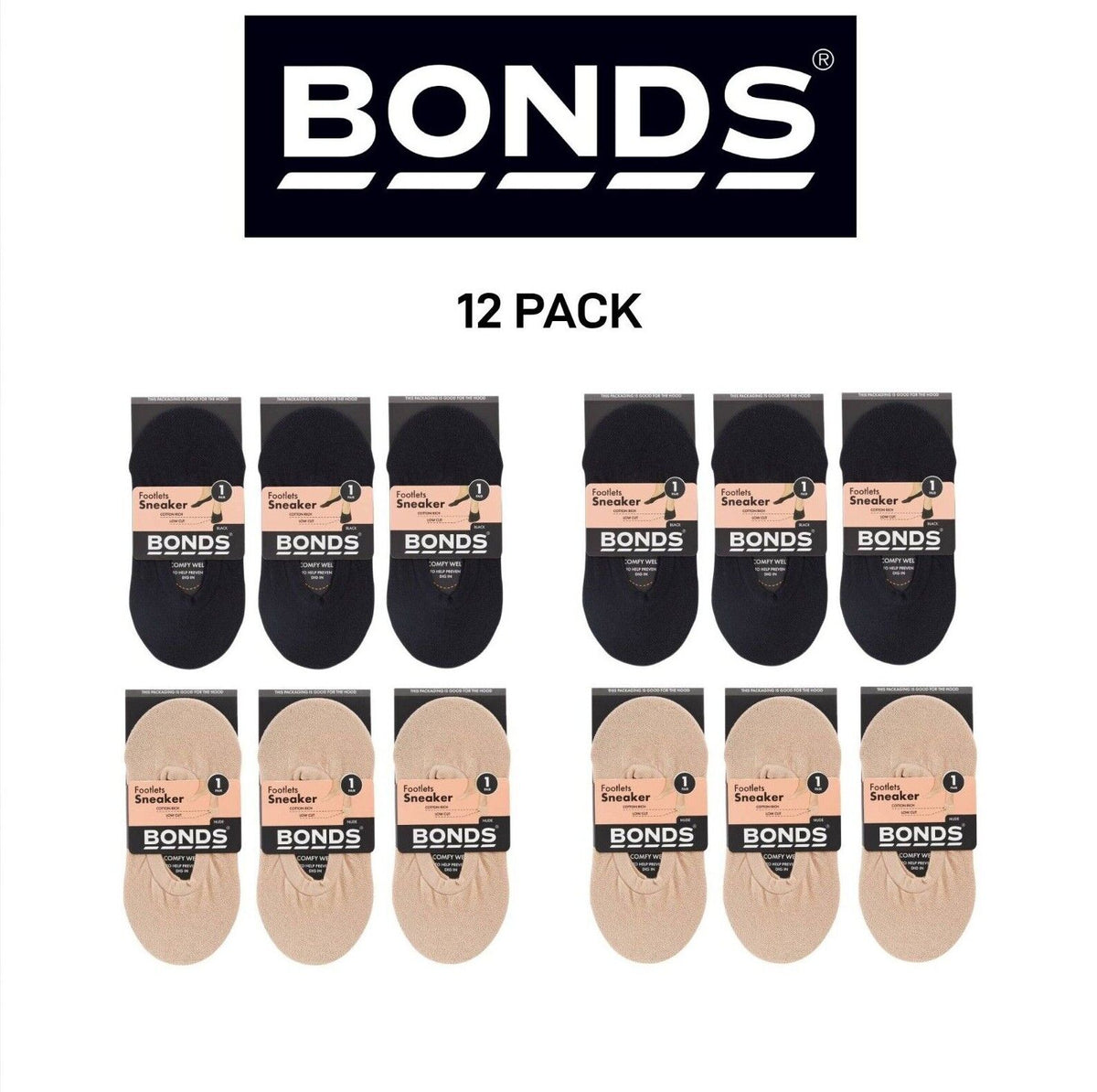 Bonds Womens No Show Footlets Cotton Rich Stocking Socks Seamless 12 Pack L7344W