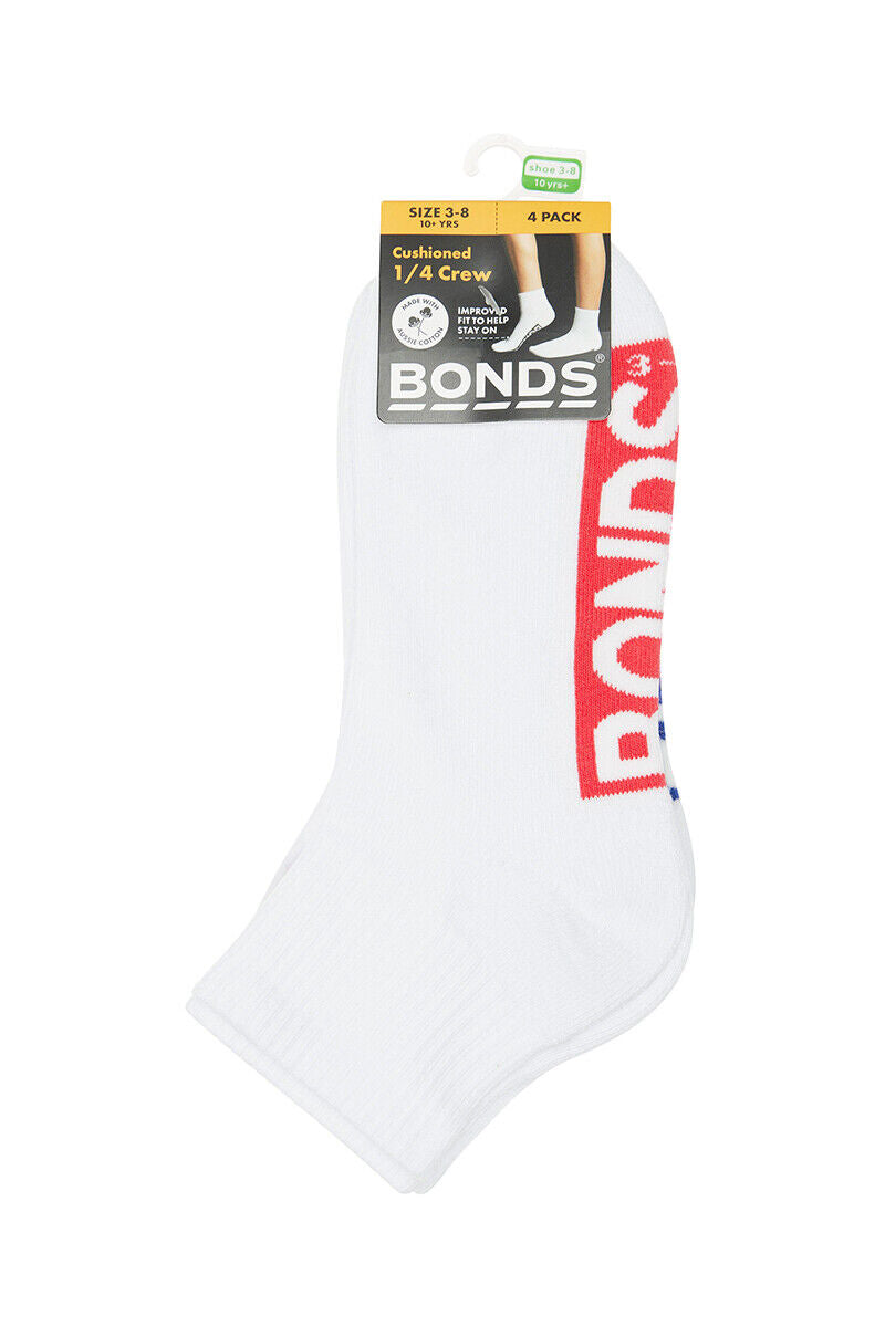 Bonds Kids Logo Light Quarter Crew Socks Comfy Mesh Cooling Zones 4 Pack RXU64W