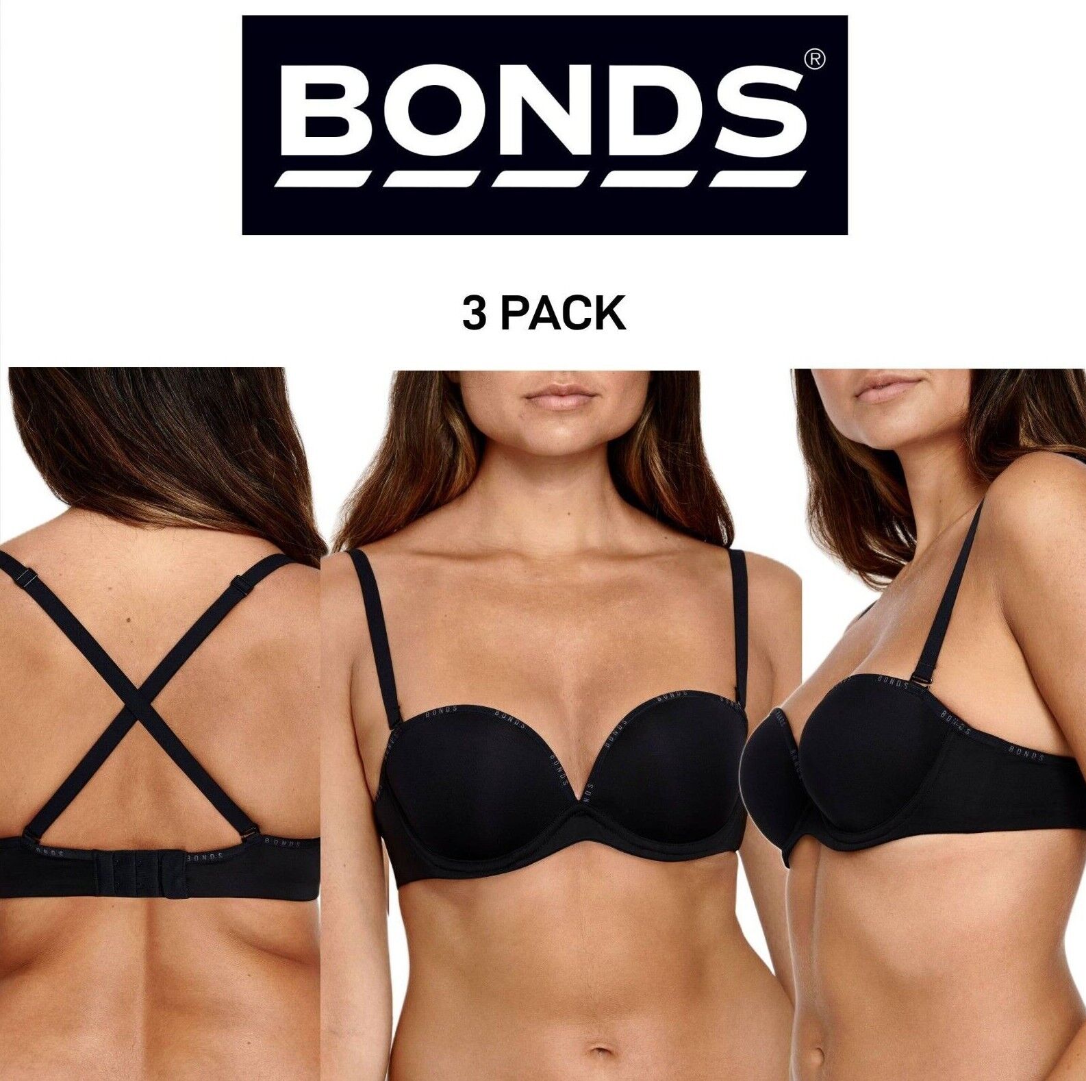 Bonds Womens Invisi Strapless Full Busted Bra Comfort Soft Silicon 3 Pack YXC3Y