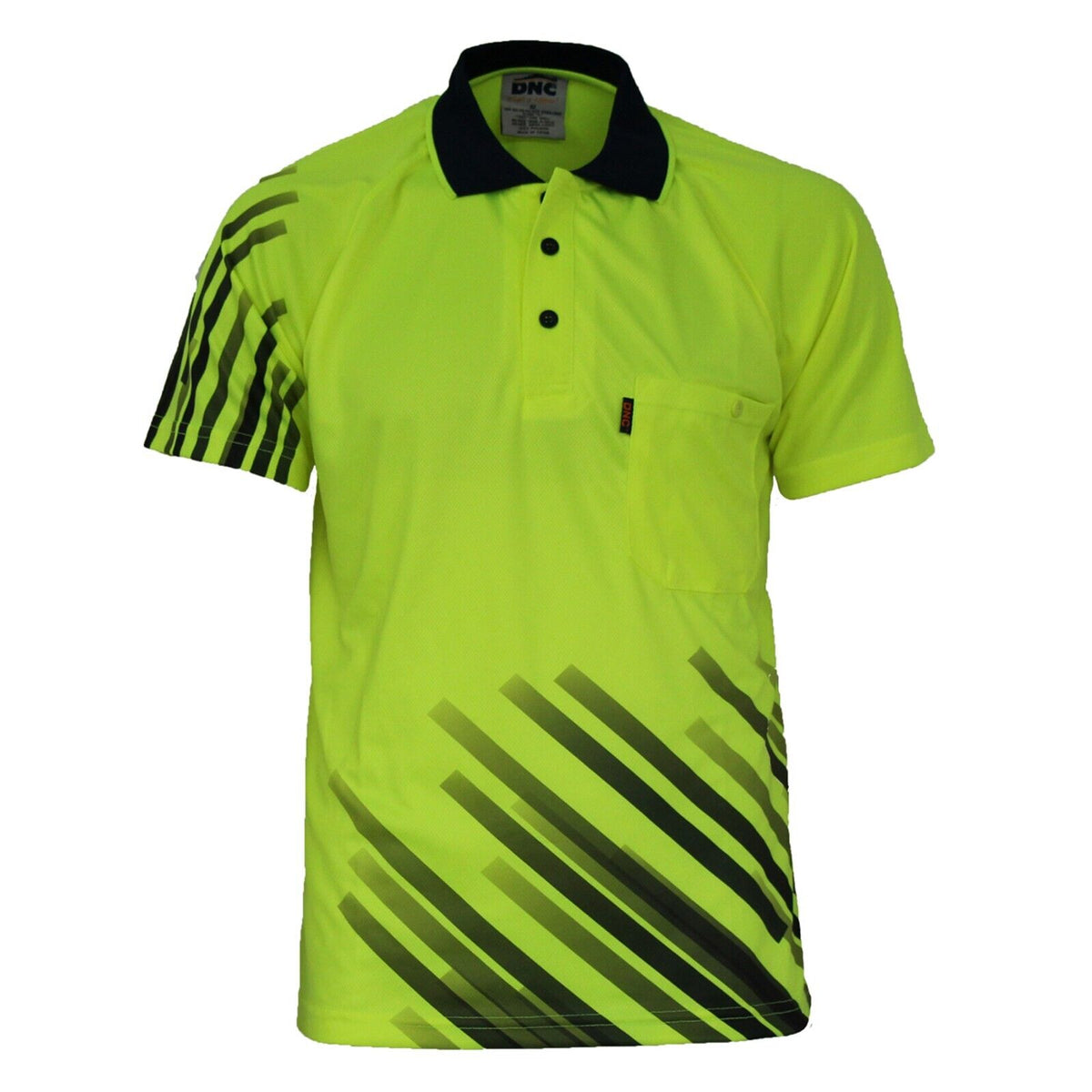 SALE DNC Mens Hivis Sublimated Stripe Workwear Safety Pockets Button Polo 3565