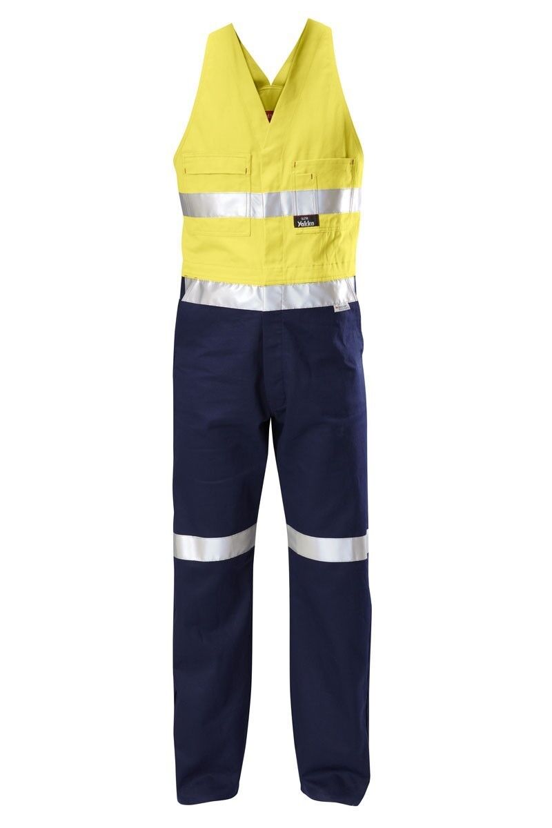  Hard Yakka 2 Pack Hi-Vis 2 Tone Cotton Drill Action Overalls Work Taped Y01055