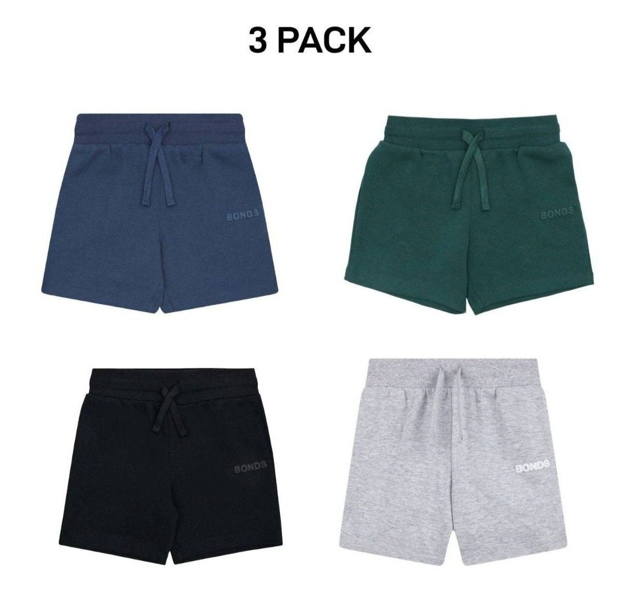 Bonds Kids Tech Sweats Short Lightweight Soft Rib Waistband Sporty 3 Pack KVQPK