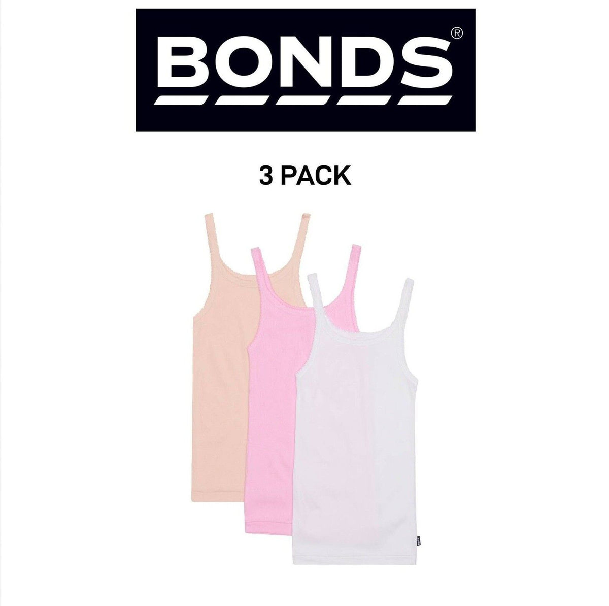 Bonds Girls Teena Singlet Super Stretchable Stay Comfortable 3 Pack UYG43A