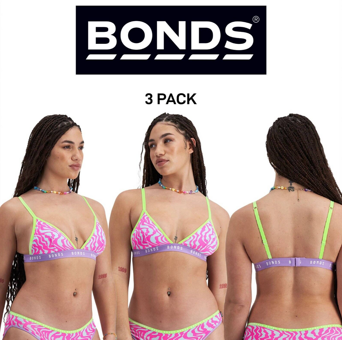 Bonds Womens Icons Triangle Comfy Confident Lightweight Support Bra 3 Pack YWN7